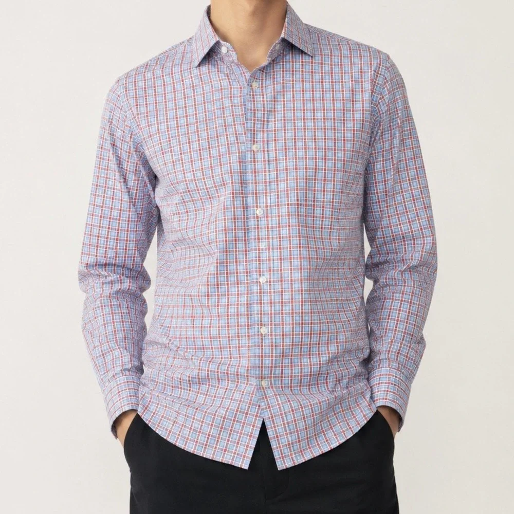 Banana Republic Slim Fit Non-Iron Plaid Button Down Shirt Mens‎ Sz M Blue Orange